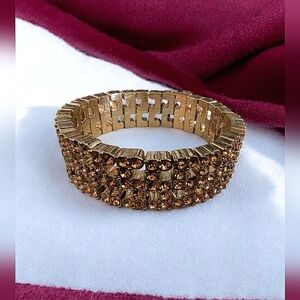 Monet Gold Tone & Amber Colored Rhinestone Stretch Bracelet Signed